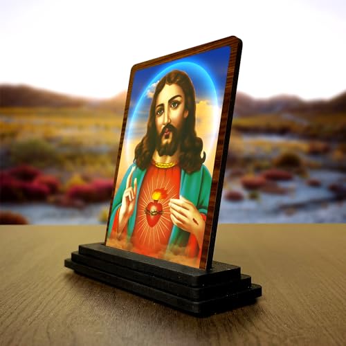 Image of Lord Jesus Wooden Idol for Car Dashboard & Home Decor - Sacred Christian Figurine Showpiece for Worship, Prayer & Gifting - Brown Wood (Size: 7.5 x 10 cm)