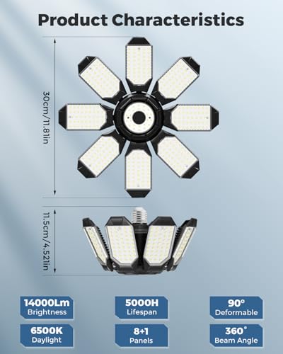 Image of Adiding LED Garage Ceiling Lights 2 Pack w / 8+1 Adjustable Panel, Super Bright 28000LM Deformable Basement Light Bulb Fixture Screw in E26 Socket Base for Indoor Workshop Attic Gym Bay Laundry Utility