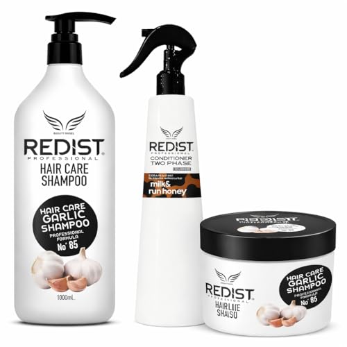 Redist Knoblauch Haarpflege Set Shampoo 1000 ml + Haarmaske 475 ml + 2 Phase Conditioner 400 ml Milk&honey | Anti-Haarausfall & Stärkende Formel | Für trockenes & geschädigtes Haar