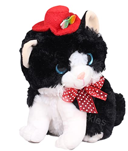 Image of Tickles Cute Sitting Cat Wearing Red Hat Soft Stuffed Glitter Eye Plush Animal Toy for Kids Room (Color: Black and White Size: 20 cm)