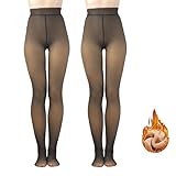 HA WA 2 Pairs Fleece Lined Tights for Women, Opaque Warm Pantyhose Thick Winter Tights, Fake Black