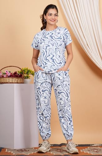 Image of Women Printed T-Shirt and Track Pant Set | Cotton Co-Ord Night Suit for Women | Lounge Wear, Sleepwear, Gym Wear | Half Sleeve Top & Elastic Waist Joggers | Stylish