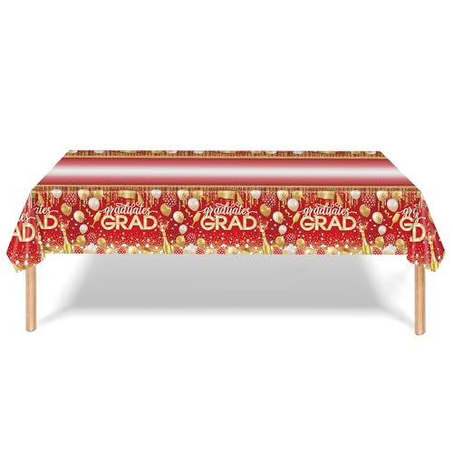 Image of 3pcs Graduation Tablecloth Disposable, 54in x 108in Graduation Decorations for Rectangle Tables, Grad Plastic Table Cover for Party Supplies(Red Gold