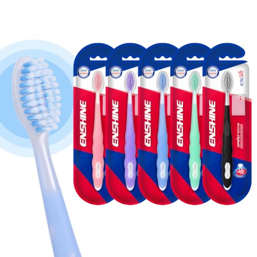 Image of Enshine Expert Protection Toothbrush for Adults - Pack of 5 | Double-Tapered Ultra Soft PBT Bristles | Premium Tooth Brush Set for Sensitive Gums | Deep Gum-Line Plaque Removal | Manual Toothbrush with Non-Slip Grip Multicolor