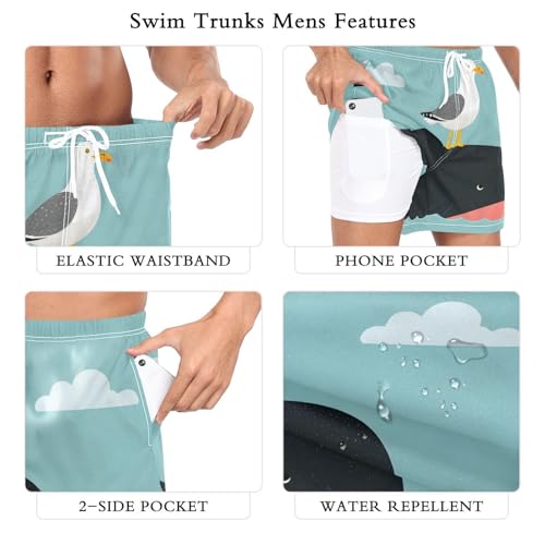 Seagull Whale Cloud Men's Swim Trunks, Quick Dry Beach Board Shorts with Liner, Swimwear Bathing Suits S3