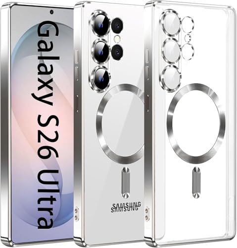 Image of VONZEE Clear Logo Electroplating Transparent Case for Samsung Galaxy S26 Ultra 5G, Magnetic Plating [Support for MagSafe Charger] Electroplate TPU Cover- Grey