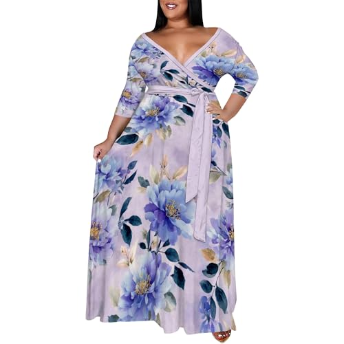 Image of SUZONANA Plus Size Maxi Dresses for Curcy Women Casual Loose 3 /4 Sleeve Long Dress with Belt