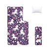 Wake In Cloud – Cot Nap Mat with Pillow and Blanket, for Toddler Kids Girls in Daycare Kindergarten Preschool Pre K with Elastic Corner Straps, Cute Unicorn Floral Botanical, Dark Purple