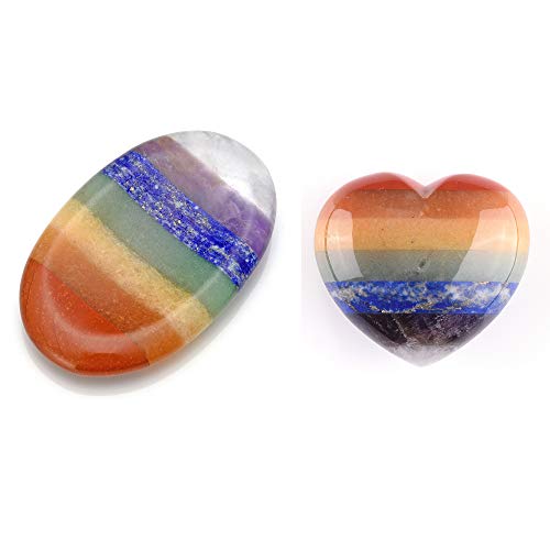 Jovivi Bundle - 2 Items 7 Chakra Palm Stone Natural Gemstone Carved Oval Thumb Worry Stone + Heart Shape Crystals and Healing Stones Crystal Therapy Geometry Home Decorations