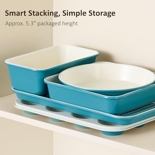 Image of CAROTE 6-Piece Ceramic Baking Pans Set, Aluminized Steel Bakeware Sets, Toxin-Free Nonstick Stackable Oven Pans with Cookie Sheet, Muffin Pan, Loaf Pan, Round & Square Cake Pan, Cooling Rack
