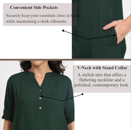 Image of Women's Roll-Up Sleeve Tunic Top, V-Neck with Button Front, Side Pockets, Rayon Short Kurti