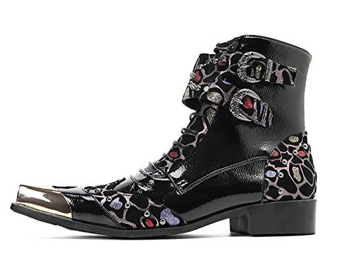 Santimon Fashion Leather Ankle Boot Zipper Metal Square-Toe Buckle Beaded Colorful Chelsea Comfort Casual Dress Boots For Men Black-Silver 12.5 Us #TOP1