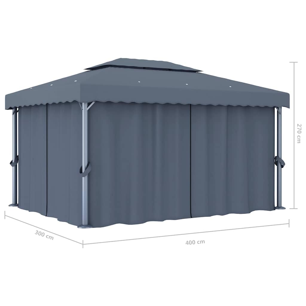 Pawilon ogrodowy, antracyt, 4 x 3 m, z zasłoną i moskitierą, aluminiowa rama z rur stalowych malowanych proszkowo, 2-piętrowy dach poliestrowy z powłoką PA, łącznie z hakami