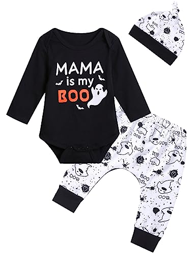 Image of Yruiz Baby Boys' Mama is My Boo Outfit Set Halloween Ghost Romper (White, 0-3 Months)