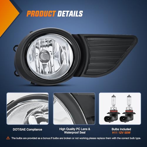 Image of Nilight Fog Lights Assembly Compatible with 2011 2012 2013 2014 2015 2016 2017 Toyota Sienna Base LE XLE (Not Fit SE Models) w /H11 12V 55W Bulbs Driver and Passenger Side Clear Lens Black Bezel