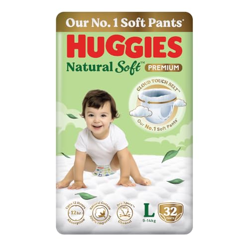 Image of Huggies Natural Soft Premium Baby Diaper Pants, Our No.1 Soft Pants, Large (L) Size (9-14 Kgs), Pack of 32 diapers | Cloud Softness All over with India's 1st Cloud Touch BeltTM