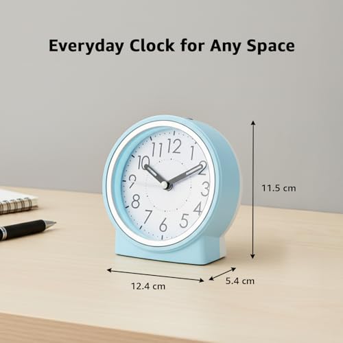 Image of Amazon Basics Analog Table Clock with Alarm and Snooze, Silent Operation, Manual Brightness, ABS, Light Blue, Battery Operated Design for Home, Desk or Office Use (Size: 11.5 x 12.4 x 5.4 cm)
