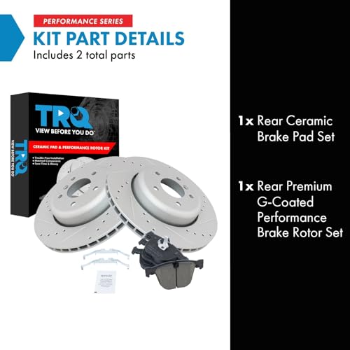 Image of TRQ Performance Rear Brake Pad and Rotor Set Ceramic Coated Drilled Slotted Compatible with 2008-2010 BMW 535i 2004-2005 545i 2006-2010 550i 645Ci 2007-2010 650i