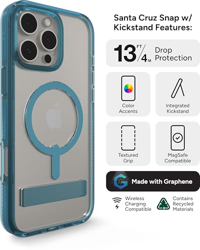 Image of ZAGG Santa Cruz Snap with Kickstand Case for iPhone 16 Pro Max - MagSafe Compatible, 13ft Military-Grade Drop Protection, Reinforced with Graphene, Clear Case with Vibrant Color Accents, Retro Blue
