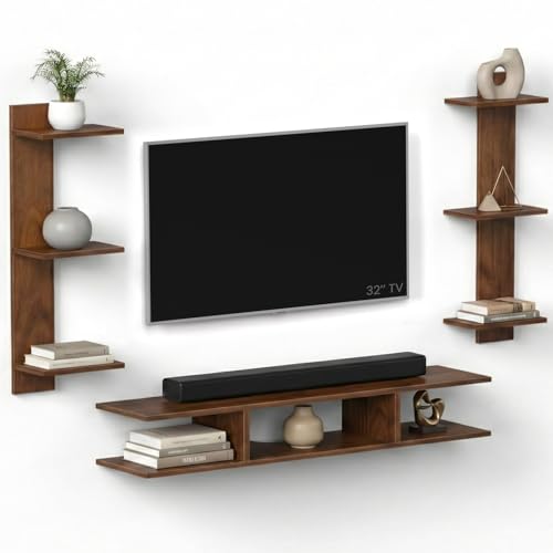 Image of Fynn Mini Wall Mount TV Unit for 42 Inch TV, Entertainment Unit Set Top Box Stand with Shelves for Books & Decor Display, Space Saving TV Panel for Living Room, DIY (Classic Brown)