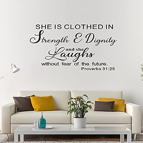 AnFigure Wall Decals for Living Room, Wall Decals Quotes, Bible Verse Scripture Home Decor Art Vinyl Stickers She is Clothed in Strength and Dignity and She Laughs Without Fear of The Future 28.6"x15" Cover