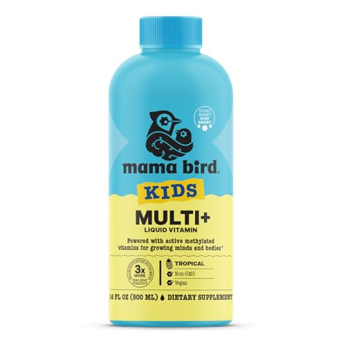 Mama Bird - Kids Multi+ Liquid Vitamins (31 Servings) Tropical Flavor - Active Methylated Vitamins, Kids Multivitamin - Organic Superfoods, Enzymes - Vegan, Gluten Free, Non GMO - 16 fl oz (473 mL)