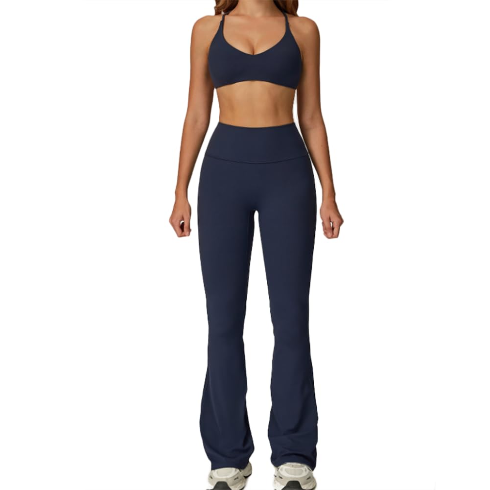 JPXJGT Women's Sexy Solid Crop Top and Leggings Set with Elastic Waist Breathable Gym Fitness Yoga Suit(Size:M,Color:Dark Blue)