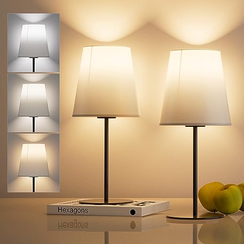 Coinmit 2 Stück LED kabellose Akku Tischlampe mit Fernbedienung, dimmbare Nachttischlampe mit weißem Leinenschirm, Metallfuß, schwarz…