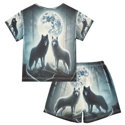 Wolves Moonlight Blue Pajama Set Short Sleeve Summer Pajamas Shorts Sets PJ Clothes Set Soft 5Y2