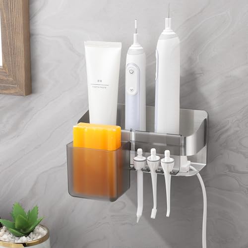 Gsocel Soporte Cepillo de Dientes Eléctrico,Porta Cepillos Dentales de Baño en Acero Inoxidable 304 Pared con 2 Ganchos,Plata