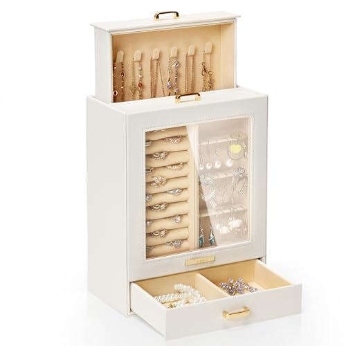 YORBAY Seelux Joyero con 3 cajones, joyero con ventana de cristal, para collares, anillos, pulseras,...