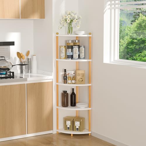 Ruichang EstanterÍa de Esquina de 5 Estantes, Estanteria Esquinera de Madera, Estante Abierto para Cocina Sala de Estar Dormitorio Espacios pequeños Pasillo Oficina - imagen 2