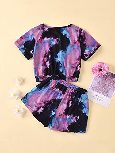 Girls Summer Tie-Dye Outfits Elastic Drawstring T-Shirt Crop Top and Elastic Waist Shorts Set with Side Pockets2