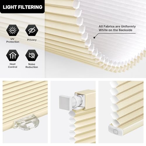 LazBlinds Cordless Cellular Shades, No Tools No Drill Light Filtering Honeycomb Shades Pleated Blinds for Windows, 33'' W x 64'' H, Alabaster