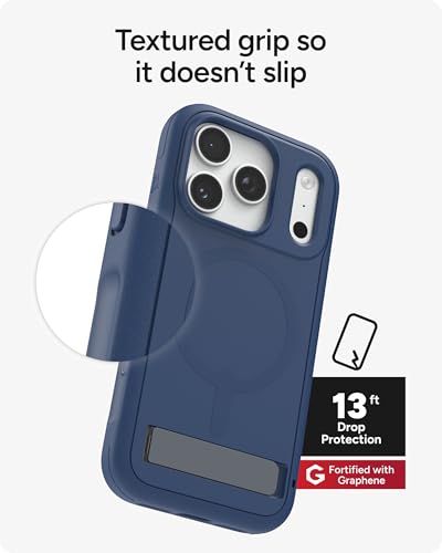 Image of ZAGG Sedona Snap Case with Kickstand for iPhone 17 Pro - Navy Blue, Drop Protection (13ft /4m), Multi-Layer Protection, with Camera Button, MagSafe Phone Case with Impact-Absorbing Bumpers