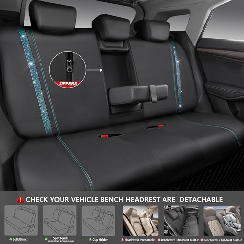 Image of CAR PASS Bling Car Seat Covers Full Set, Shining Rhinestone Diamond Waterproof Faux Leather Universal Fit 95% Automotive Glitter Crystal Sparkle Strips for Cute Women Girl, Full Set (Mint Diamond)