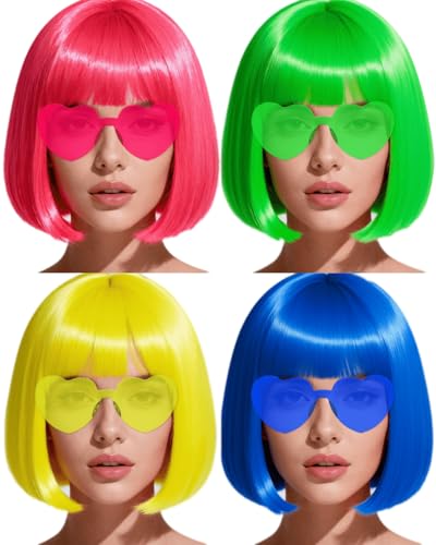 FSLLZCJY Colored Bob Wigs with Heart Sunglasses and Hair Cap- 4 Sets | Pink Blue Yellow Green Short Neon Bob Wig with Bangs Colorful Funny Hair for Women Men Costume Party Favors