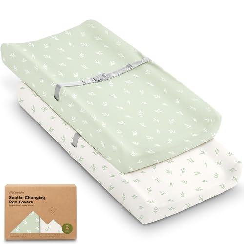 Image of 2-Pack Organic Changing Pad Covers for Girl, Boy, Neutral - 100% Cotton Changing Table Pad Cover, Soft Baby Nursery Diaper Changing Pad Sheets, Contour Changing Pads Liners, Change Pad Cover (Herb)