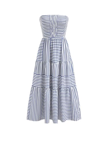 CIDER Women's Strapless Dress with Pockets Tube Striped Long Midi Dresses A Line Beach Vacation Casual Summer Outfits Blue, L