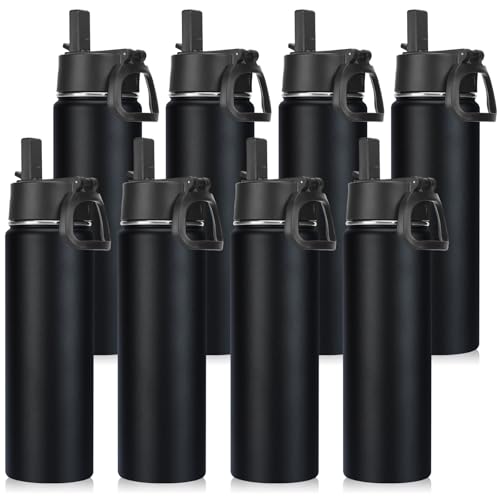 Neihepal 22 oz Insulated Water Bottles Bulk, Stainless Steel Water Bottles Bulk with Leak Proof Straw Lid, Wide Mouth Double Walled Vacuum Keeps Cold and Hot(Black,8 Pack)