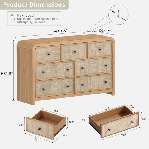 Image of Oak&Sparrow 7 Drawer Dresser for Bedroom, 49'' Rattan Dresser with Ample Storage, Boho Chest of Drawers, Thickened Curved Profile Design, Oak Dressers for Bedroom, Living Room