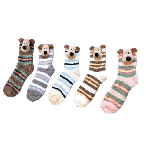 Image of 5 Pairs Fuzzy Socks for Women, Winter Thickening Coral Velvet Cozy Socks, Warm Home Sleeping Socks, Cute Animal Slipper Socks