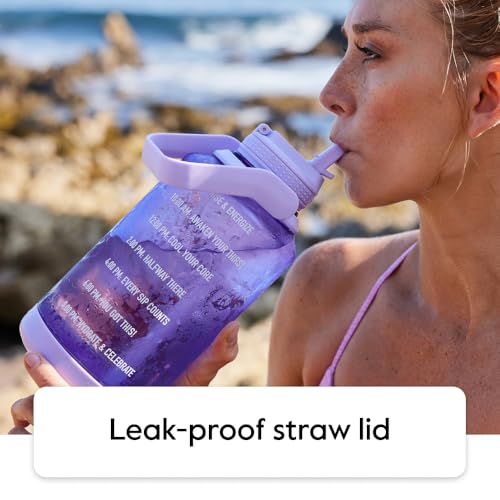 Image of Takeya Motivational Water Bottle with Straw Lid and Time Marker (64 oz, Vivacity Purple) - Leakproof, BPA Free Water Bottle for Daily Intake Tracking