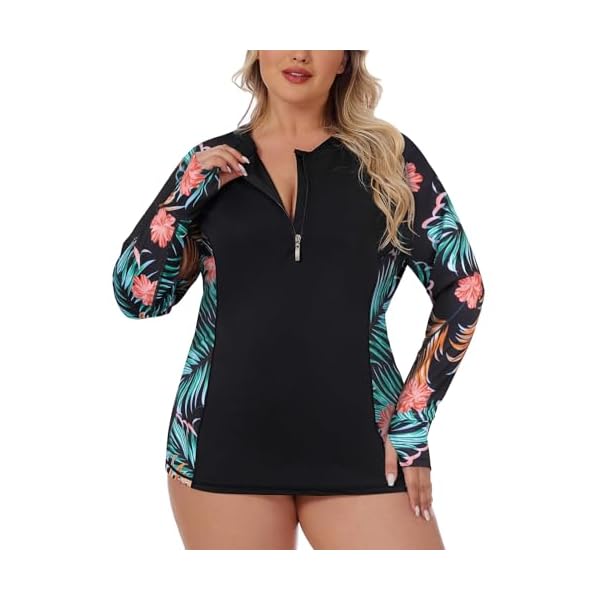 LURANEE Womens Plus Size Long Sleeve Rash Guard Top Zipper Swimsuit Swim Shirt with Thumb Holes