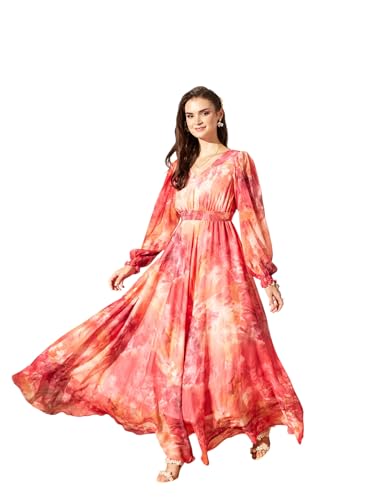 Image of Miss Chase Women's Multicolored-Base-Brown Relaxed Fit Maxi Lurex Chiffon Dress