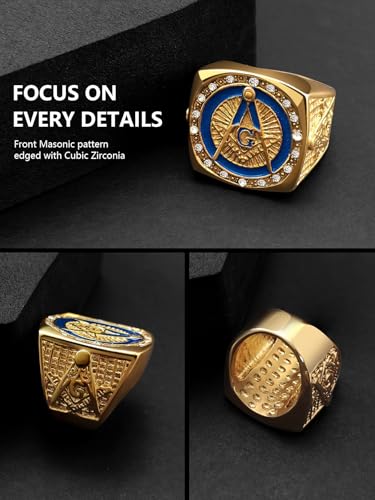 Masonic Signet Rings for Men, 316L Stainless Steel/18K Real Gold/Black Metal Freemason Jewelry, Punk Biker Mason Ring, Size 7-124