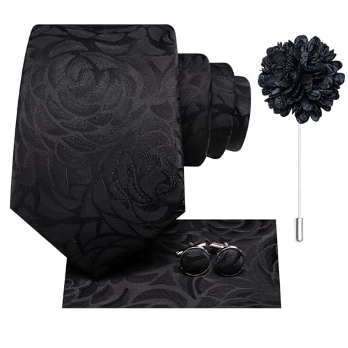 Image of Hi-Tie Mens Paisley Floral Striped Ties Set Silk Necktie and Lapel Pin for Men Pocket Square Cufflinks Set Business Wedding