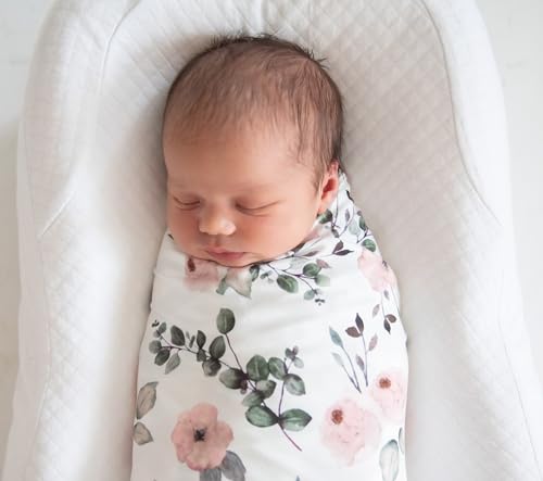 Image of Vollmic Newborn Baby Girl Swaddle and Headband Sets Receiving Blanket Stretchy Knit Swaddle Set(Green Leaf and Pink Floral)