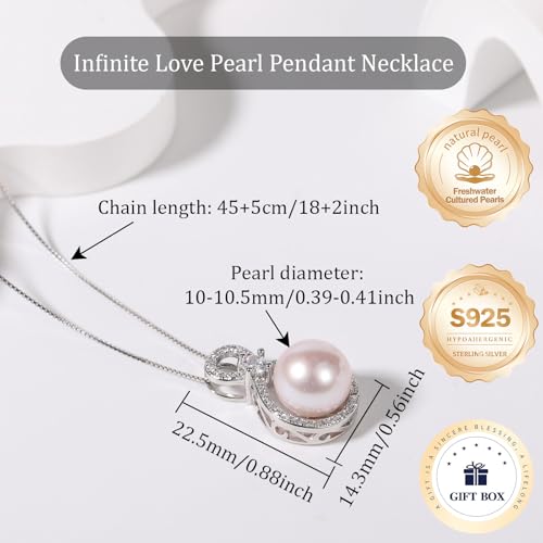 Round Pearl Pendant Necklace, Blue Black Pink Purple Golden Cultured Pearls 10-11mm, S925 Sterling Silver Infinity Necklaces with 18+2In Adjustable Chain, Elegant Jewelry Gifts for Women4
