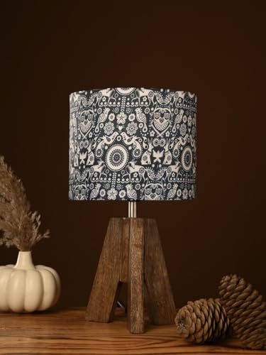 Image of Green Girgit Decorative Tri-Leg Stand Wooden Table Lamp with Indian Art Multicolor Shade Bedside & Reading Night Lamp for Bedroom, Living Room & Home Decor | Warm Ambient Light